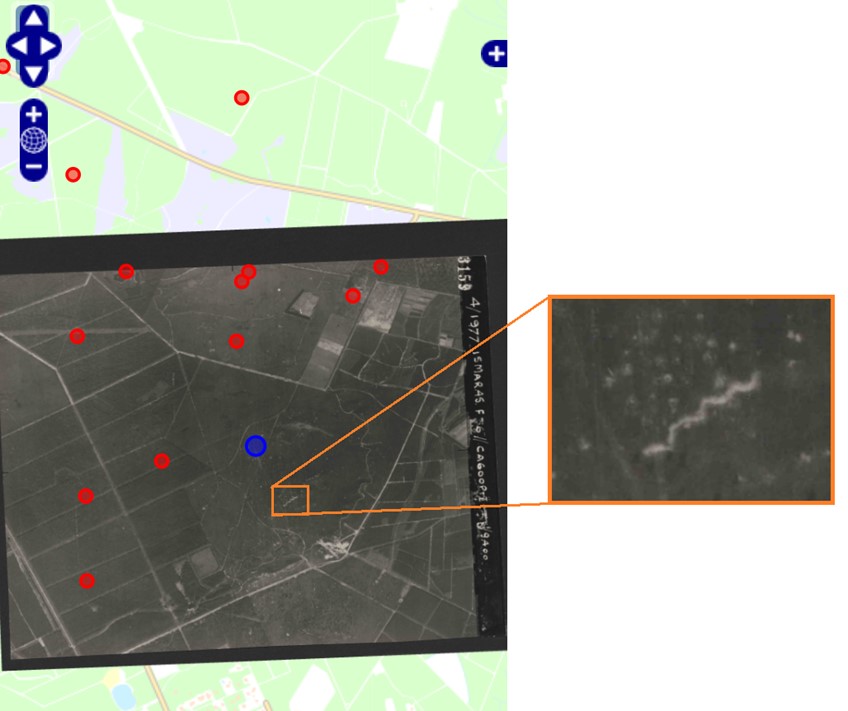 Zigzaggend patroon, hoogstwaarschijnlijk loopgraaf, met bomkraters enof schuttersputten (RAF luchtfoto, datum 15-03-1945, ID 359150)